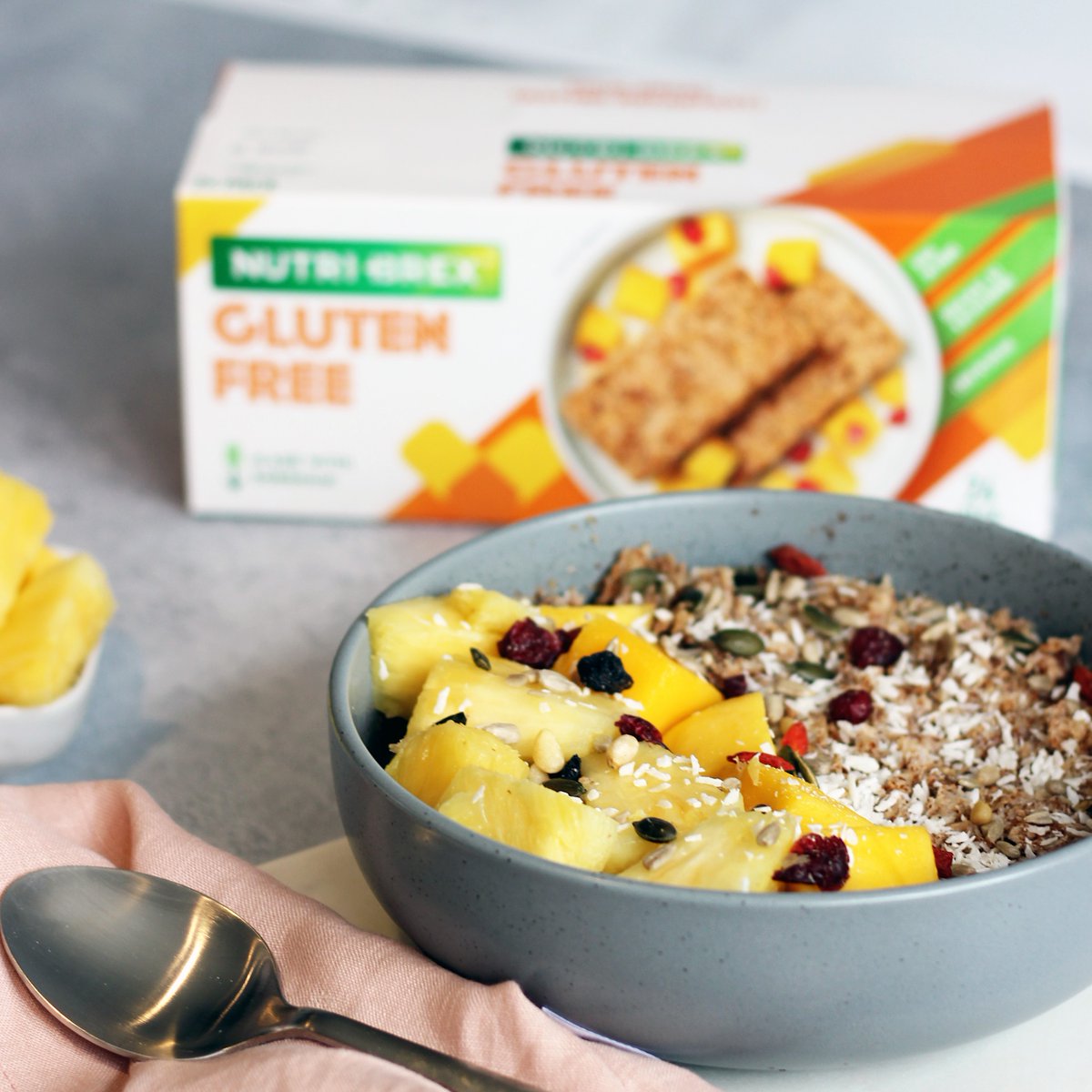 We call this our Sunshine Bowl ☀️ With warmer weather &amp; holidays on the horizon, we're getting in the mood with our favourite summer toppings. Try fresh juicy mango, pineapple, toasted coconut and goji berries 🍍🥥 
#Nutribrex #GlutenFree #GlutenFreeRecipes #GlutenFreeBreakfast