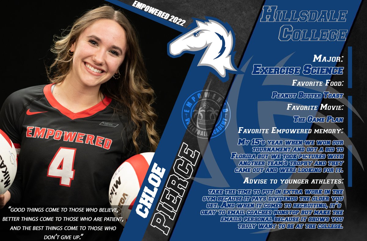 EmpoweredVball's tweet photo. Congratulations to Chloe Pierce! 🏐
Signing with: Hillsdale College ✍️
Intended Major: Exercise Science 📚
Empowered 2022 Senior Signing Celebration May 18th, coverage begins at 4:30pm!
https://t.co/ikhiS14oRy 🎥 
#empoweredvolleyballacademy #empoweredtrained https://t.co/yc2HwPHgYd