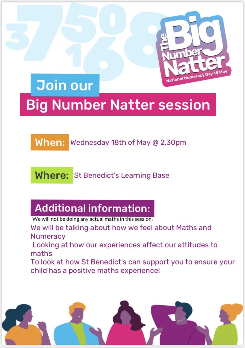 StBenNumeracy's tweet photo. @StBenedictsPS @glasgowcounts @Nat_Numeracy next Wednesday 18th May is national Numeracy day ! Come along and share your thoughts and experiences with numeracy with Mrs Murphy ! Positive attitudes to maths make confident numerate learners 👏#familylearning https://t.co/btlehNxx29
