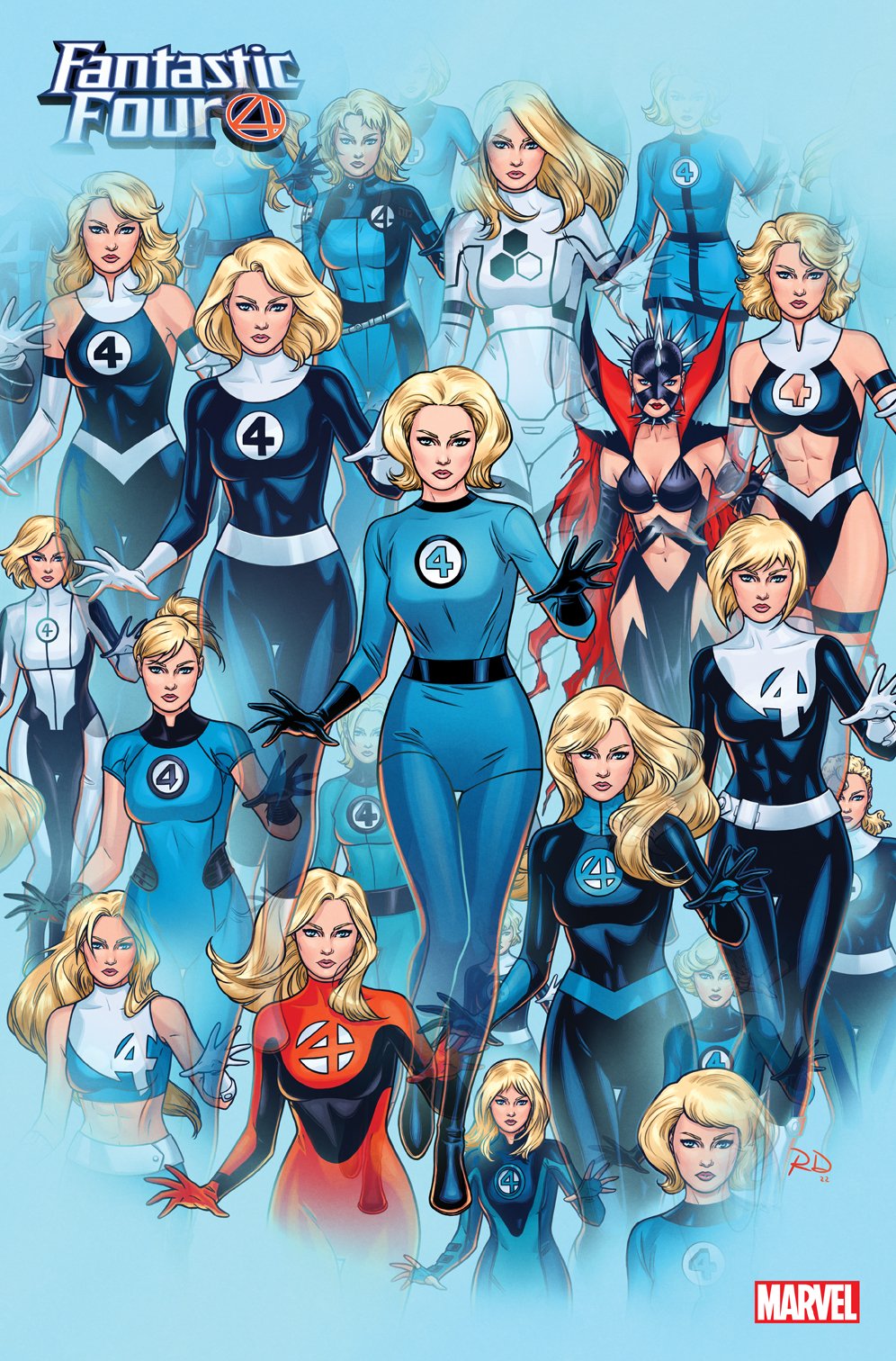 Russell Dauterman on X: "FANTASTIC FOUR #47 variant! 🔵⓸⚪️ Invisible Woman  costumes cover, drawn and colored by me! https://t.co/7wEydabaZJ" / X