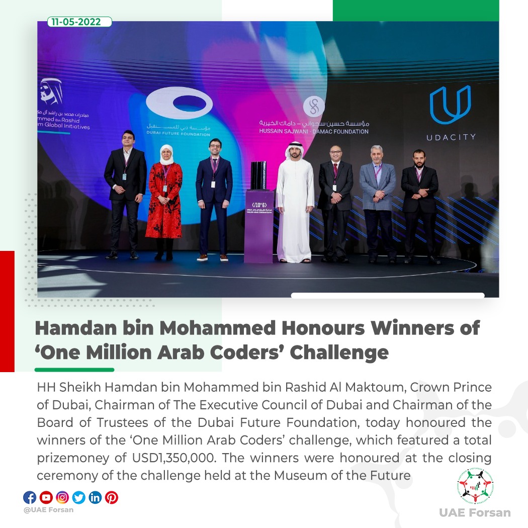UAE_Forsan's tweet photo. HH Sheikh Hamdan bin Mohammed bin Rashid Al Maktoum Honours Winners of ‘One Million Arab Coders’ Challenge
#Dubai #UAE #OneMillionArabCoders
@HamdanMohammed
@DubaiFuture
@1MACoders https://t.co/hEDI5XgRy2