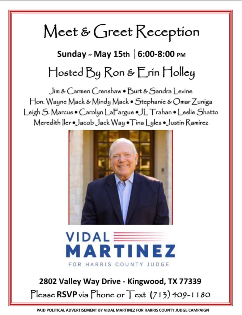 🚨Come meet our endorsed candidate <a href="/VidalMartinezTX/">Vidal Martinez</a> for Harris County Judge this coming Sunday from 6pm-8pm! 🚨
votevidalmartinez.com 
#HRTexas #SomosRepublicanos #SoyAmericano