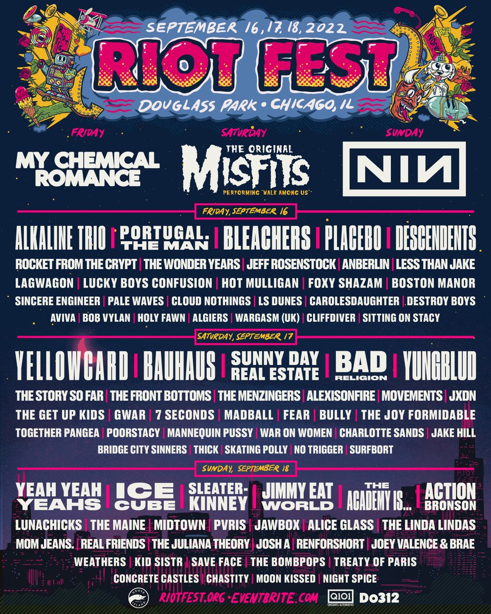 The Riot Fest lineup is here! We'll see you September 16-18, 2022 at Douglass Park in Chicago. 1-day, 2-day, and 3-day passes are ON SALE NOW: ow.ly/TwoP50J5fjn