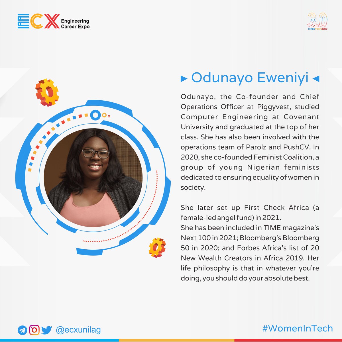 engcareerexpo's tweet photo. Our woman in tech for this week is @OdunEweniyi 
While Piggyvest wasn’t Odunayo Eweniyi’s first startup, it has become a household name. Odunayo Eweniyi is currently one of the biggest women in Nigeria’s tech scene and working harder to achieve more

#ecx3 #ecxunilag #womenintech https://t.co/JnKrkqscHt