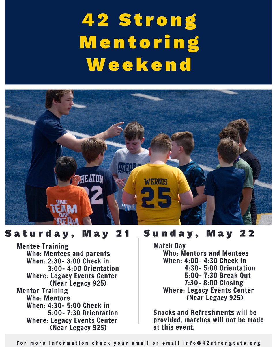 42StrongTate's tweet photo. Next weekend is the official weekend for 42 Strong orientation and training, and match day. This event is NOT open to the public. Only 42 Strong Mentors, Mentees and their parents can attend.

Please RSVP for the events, link is in our Bio. 

#TM42 #tatemyre #42Strong https://t.co/MeOVXsdQbc