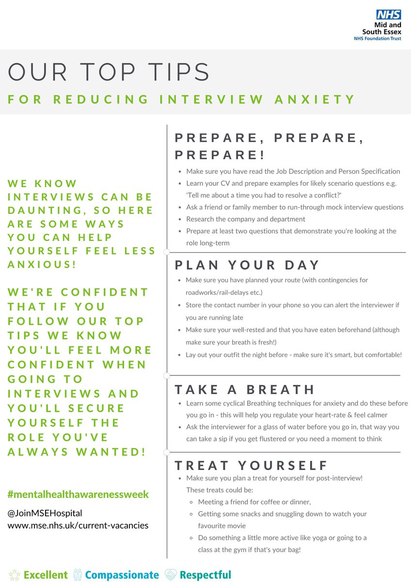 JoinMSEHospital's tweet photo. It's #MentalHealthAwarenessWeek so we thought we'd share some of our team's Top Tips for Reducing Interview Anxiety!

From all of Recruitment at @MSEHospitals, we really hope this helps you feel more confident when job-hunting! 🙂 https://t.co/qZ7krSzZKR
