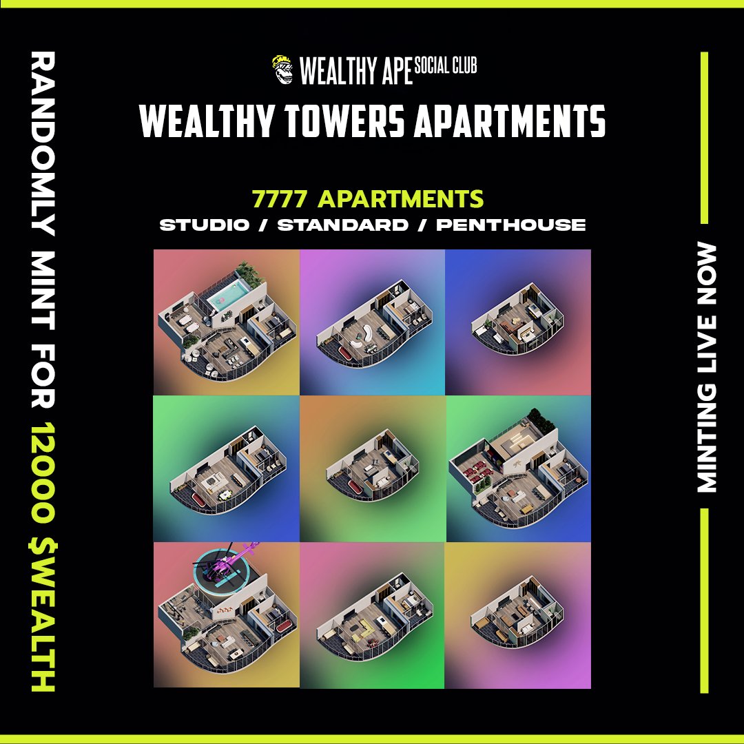 The Wealthy Towers Apartments collection is officially live! 💎

You can mint your apartment exclusively with $WEALTH at app.wealthyapesocialclub.com/mint-apartment

More info in our Discord.

#NFT #WEALTHYTOWERS #WASC