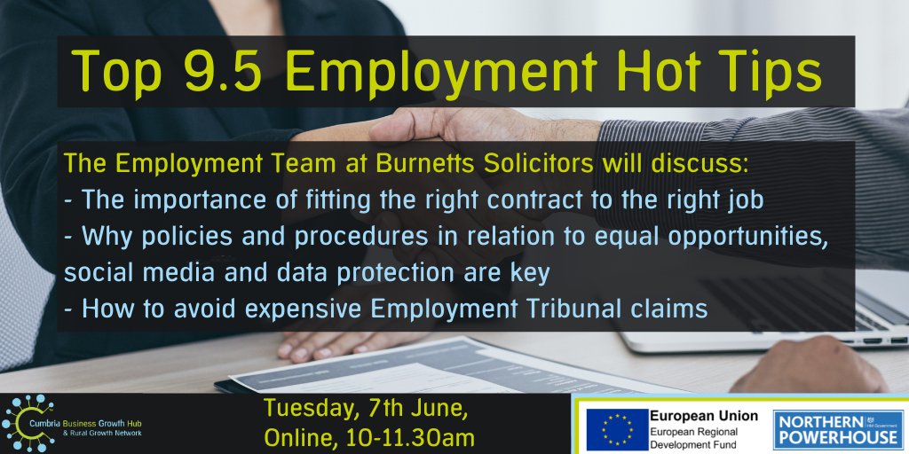 CumbriaHub's tweet image. We're teaming up with @BurnettsLegal to present the 9.5 Employment Hot Tips for businesses in Cumbria. 

Getting employment contracts and policies wrong at the first stage can lead to time-consuming problem solving and litigation at a later stage. buff.ly/3rLQxhH
