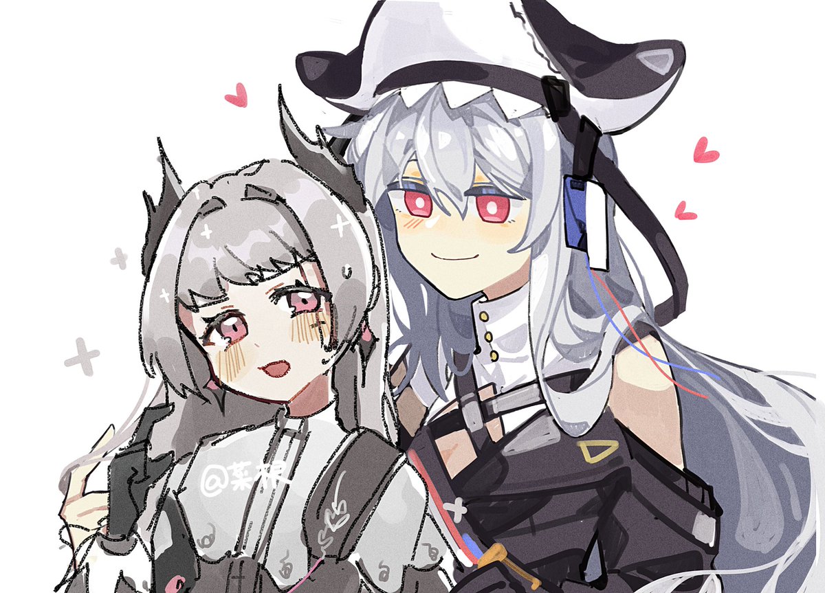 irene (arknights) ,specter (arknights) multiple girls 2girls grey hair head wings smile clothing cutout white background  illustration images