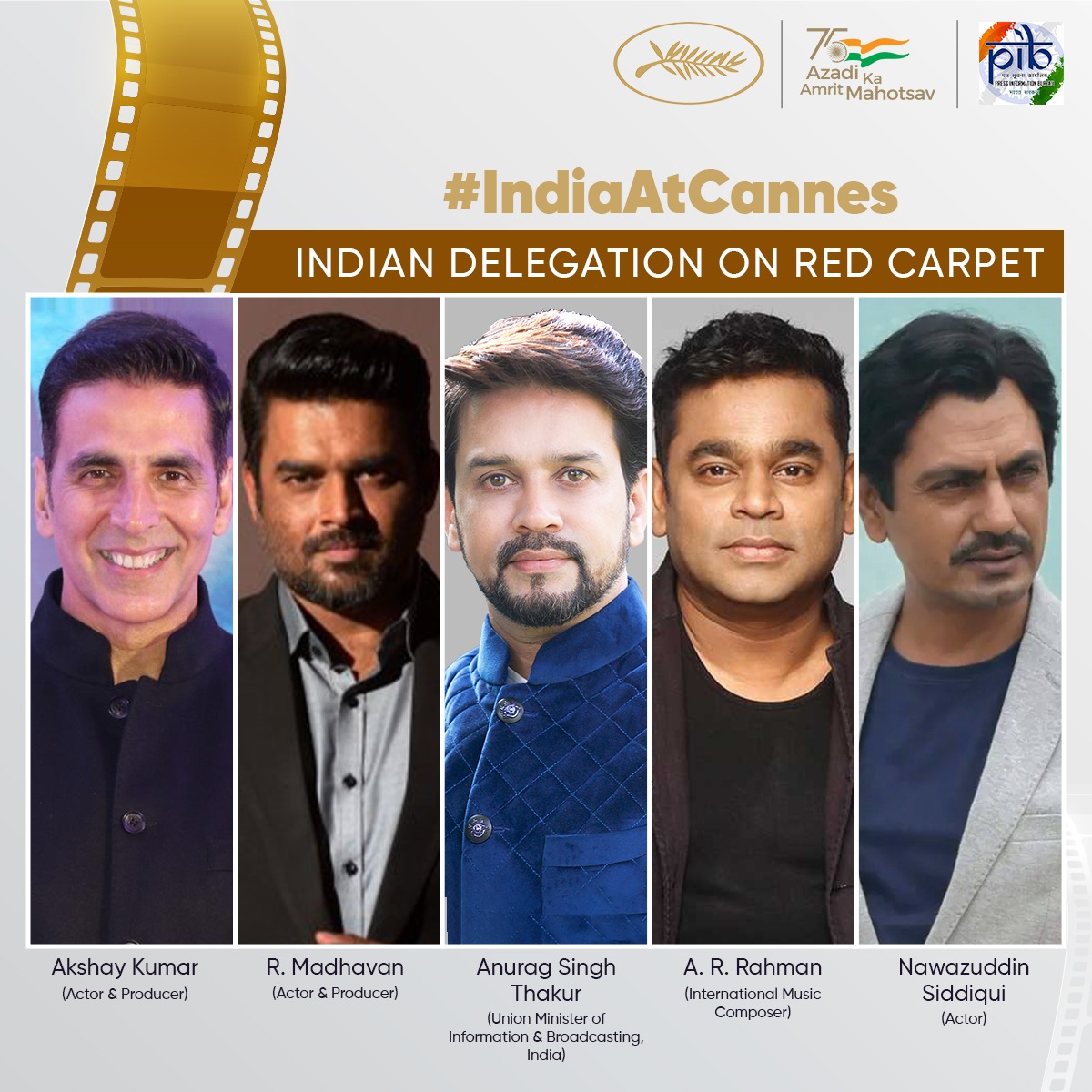 PIB_India's tweet photo. 𝐋𝐞𝐭'𝐬 𝐂𝐞𝐥𝐞𝐛𝐫𝐚𝐭𝐞 𝐅𝐞𝐬𝐭𝐢𝐯𝐚𝐥 𝐝𝐞 𝐂𝐚𝐧𝐧𝐞𝐬 with movie celebrities from across India 

Union Minister @ianuragthakur to lead the delegation from India to #Cannes

Read here: https://t.co/P92yZeUgS7 

#IndiaAtCannes #Cannes2022 https://t.co/p1pYgMHjau