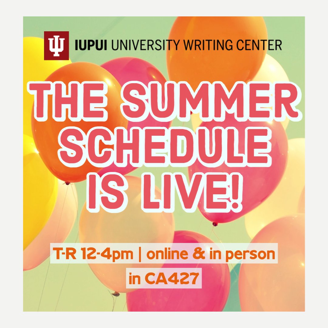Welcome to Summer <a href="/iupui/">IUPUI</a> ! The UWC summer schedule is now live on our website! You can now make an online or in-person appointment in our CA427 location between 12-4pm Tuesday, Wednesday, and Thursday for appointments beginning May 17th. #iupuiuwc #iupui #summerclassses