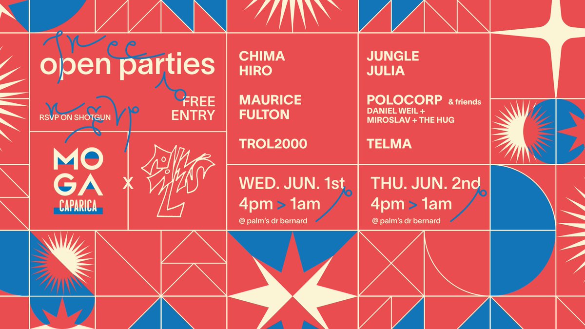 Do you want to start your MOGA Experience with a Bang? 💥 Come join us on the promenade downtown Caparica with our Open Parties at Palms dr Bernard 🌴🌸 🌞🏄

🗓️ Wednesday June 1st &amp; Thursday June 2nd. 
🎟 Open parties - free entry events ▶ RSVP shotgun: shotgun.live/festi.../moga-…