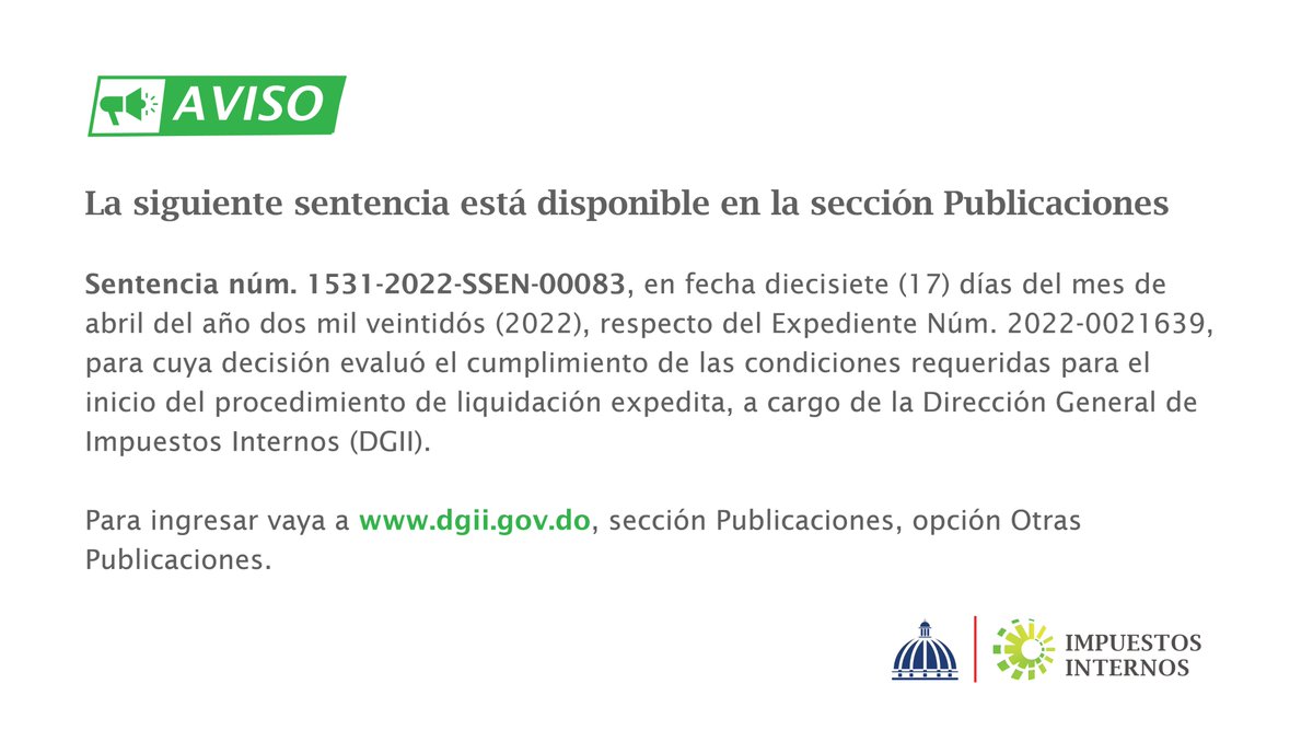 Hemos publicado la sentencia sobre Liquidación Abreviada de Sociedades emitida por la Novena Sala de la Cámara Civil y Comercial del Juzgado de Primera Instancia del Distrito Nacional, Especializada en Asuntos Comerciales.

Léala aquí: bit.ly/3L5WS0b

#DGII