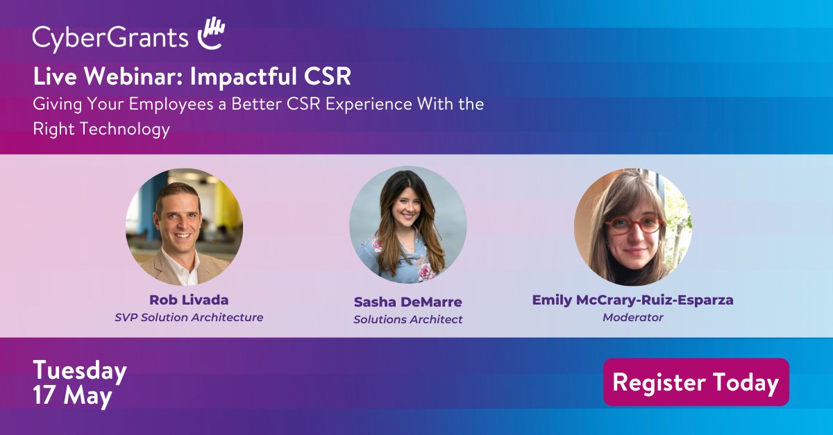CyberGrants's tweet image. Join Rob Livada, SVP Solution Architecture, and Sasha DeMarre, Solutions Architect, on 5/17 from 2 ET for their webinar, #ImpacfulCSR.🌟 Learn the best way to launch and improve a #CSRtech platform.

Get the details 👉  hubs.la/Q01b1fTC0