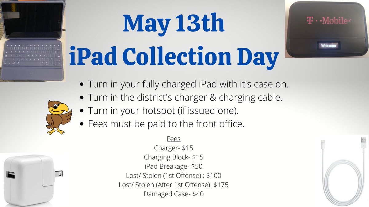 hiehawk's tweet image. Hey Hawks! 🦅
Our iPad Collection Day is this Friday, May 13th! 😁
We will also be collecting hotspots (if issued one).
Don't forget your charger & charging cable!
@gccisd_edtech
#HighlandsElementary #Hawks #gccisdedtech #iPadCollection