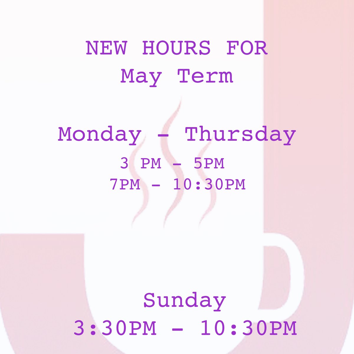 GCJava's tweet image. We have new hours for May Term!! Be sure to stop by and try all your favorites from Java Junction 🥰 and enjoy the BEAUTIFUL weather! ☀️😎