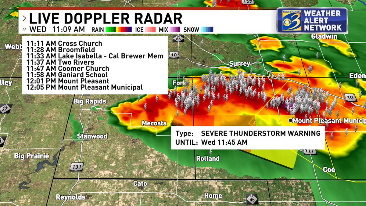 JeffPorterWX's tweet photo. Hail is definitely possible in far eastern #Mecosta county. Warning is in #Isabella county for ping pong ball size hail. Not good. That kind of size can really do damage to your car, property 

#wwmt #miwx #WestMichigan 
https://t.co/Td9N2dKryp https://t.co/S5FBPWSEii