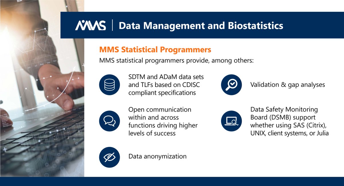 mmsholdings's tweet photo. MMS statistical programmers across North America, Asia, Europe, and South Africa deliver strong statistical programming support to sponsors through state-of-the-art processes, systems, and skills. Learn more: https://t.co/QcY20GPeJm

#programming #biostatistics #datamangement https://t.co/8ZUPrUEh0c