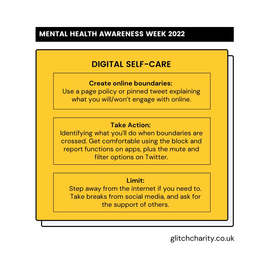 Here are Glitch’s digital self-care top tips.

You can find out more on digital self-care and how it affects mental health here 👉 glitchcharity.co.uk/resources/

#MentalHealthAwarenessWeek2022 #EndOnlineAbuse #DigitalSelfCare