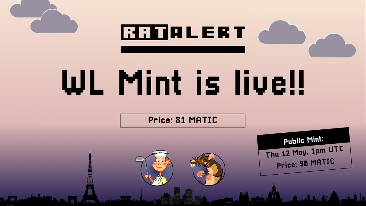 RatAlertNFT's tweet photo. The day has finally come. WL MINT has opened! Head over to https://t.co/mpgKQjuHga and start minting if you have a whitelist spot and/or a free mint.
We can't wait to see all your 🐀 and 👨🏻‍🍳. Who got the coolest rat? 

Join our discord at https://t.co/eXKDjbvQ0D to participate! https://t.co/9uG92HMPOS