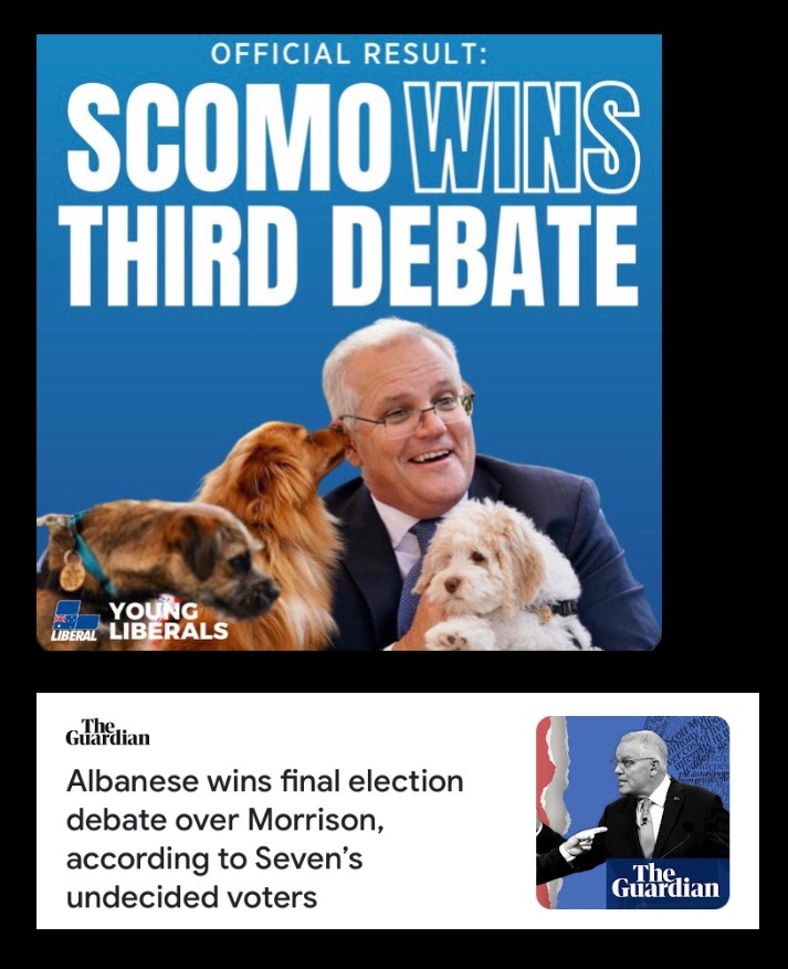 NesEvan9's tweet image. According to the #YoungLiberals #ScoMo wins the #FinalDebate

According to the news 🗞, it’s the other way

So the Young #Liberals are following the footsteps of their adult leaders