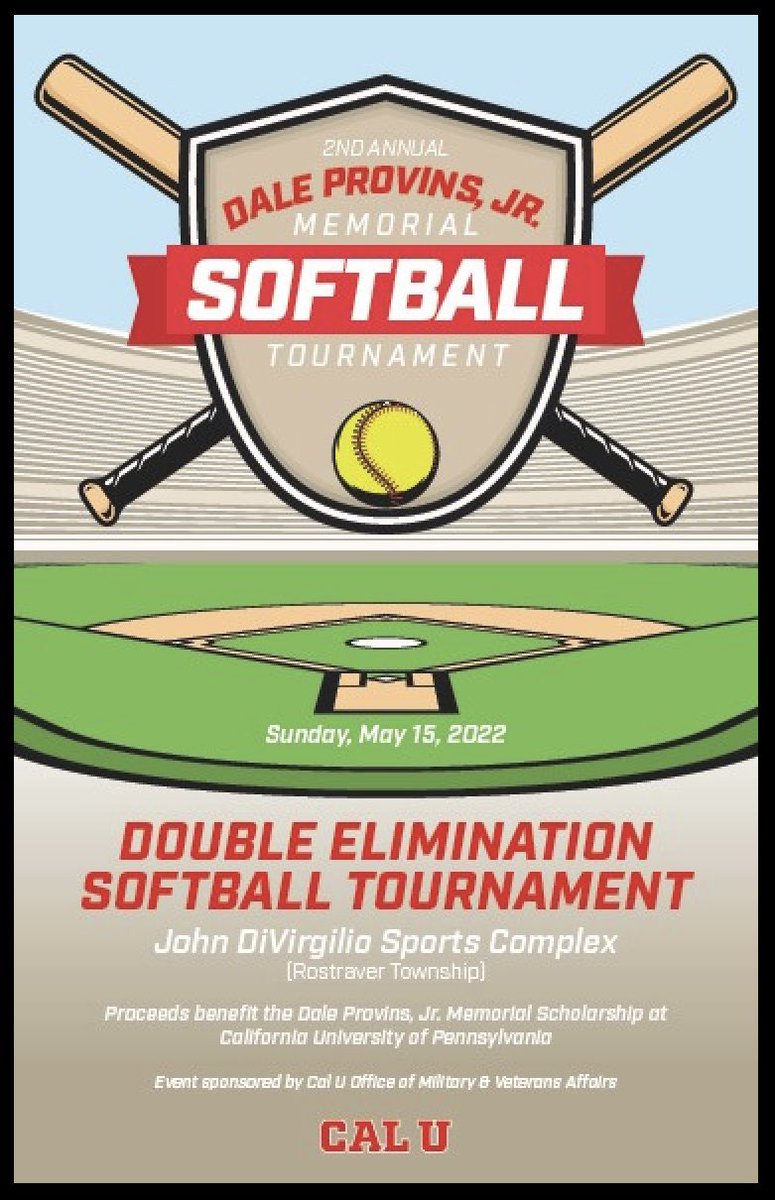 CalUVetsAffairs's tweet photo. #Reminder

The 2nd Annual Dale Provins Memorial Softball Tournament is this Sunday. Proceeds benefit the Dale Provins, Jr. Memorial Scholarship at @CalUofPA. Dale was a full-time Police Officer with @borojeffhills PD and a @USMC #Veteran.🇺🇸

@CalUVetsClub https://t.co/W0mdRgIlsU