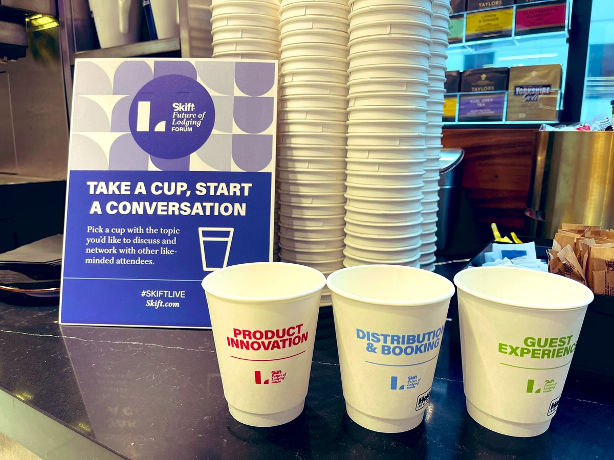 Debuting a new thing at our events: conversation starter cups, grab one that interests you and dive into focused networking right away! At Future of Lodging Forum starting in two hours: live.skift.com/future-of-lodg…