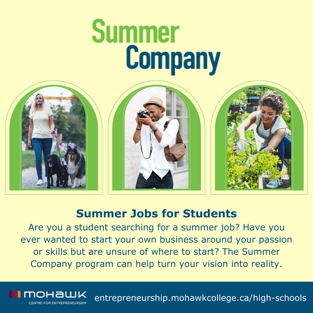 Centre for Entrepreneurship at Mohawk College (@mohawkcfe) on Twitter photo Summer Company is a key component of the Ontario government’s young entrepreneurs programs, which aims to encourage youth to turn their talents into creative & innovative businesses. It provides business training, mentoring & awards. Apply by May 31, 2022. entrepreneurship.mohawkcollege.ca/high-schools Summer Company is a key component of the Ontario government’s young entrepreneurs programs, which aims to encourage youth to turn their talents into creative & innovative businesses. It provides business training, mentoring & awards. Apply by May 31, 2022. entrepreneurship.mohawkcollege.ca/high-schools