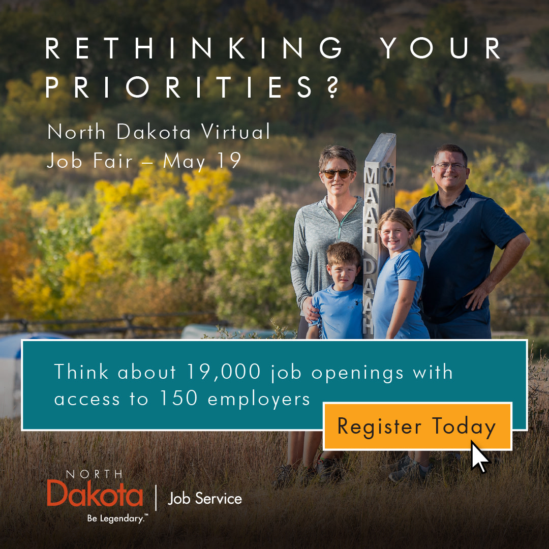 JobServiceND's tweet photo. If you share ONE post today, this should be it! Tell your long-distance family and friends about the Virtual Job Fair on May 19. ND Employers with high paying, rewarding jobs are ready to meet them! https://t.co/kfvGiK0zoy #ND #NDJobs #NDCareers #JobUpND #BeNDLegendary https://t.co/3zRHIu2X6Y