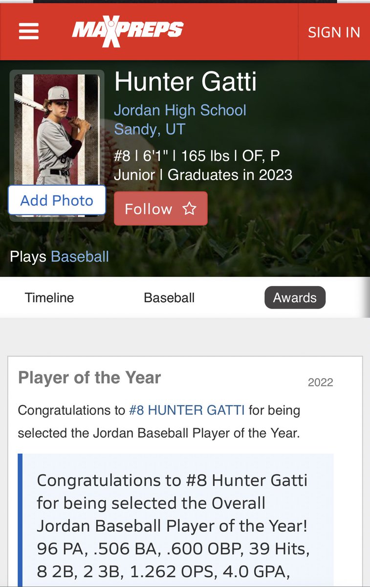 Hunter Gatti (@gattihunter) on Twitter photo Super cool being named POTY on Max Preps! Wouldn’t have been here without great teammates to give me all of these opportunities. Let’s finish the job now!
@PBR_Utah
<a href="/CMUMavsBaseball/">CMU Mavs Baseball</a>
<a href="/USUEbaseball/">Utah State Eastern Baseball</a>
<a href="/SLCCCoachG/">Glen W Spencer</a>
<a href="/AF_Baseball/">Air Force Baseball</a>
<a href="/BeetdiggerBB/">Jordan HS Baseball</a>
<a href="/RABAcademy/">RA Baseball Academy (Utah)</a>
<a href="/natejrazz/">Nate Rasmussen</a> Super cool being named POTY on Max Preps! Wouldn’t have been here without great teammates to give me all of these opportunities. Let’s finish the job now!
@PBR_Utah
<a href="/CMUMavsBaseball/">CMU Mavs Baseball</a>
<a href="/USUEbaseball/">Utah State Eastern Baseball</a>
<a href="/SLCCCoachG/">Glen W Spencer</a>
<a href="/AF_Baseball/">Air Force Baseball</a>
<a href="/BeetdiggerBB/">Jordan HS Baseball</a>
<a href="/RABAcademy/">RA Baseball Academy (Utah)</a>
<a href="/natejrazz/">Nate Rasmussen</a>