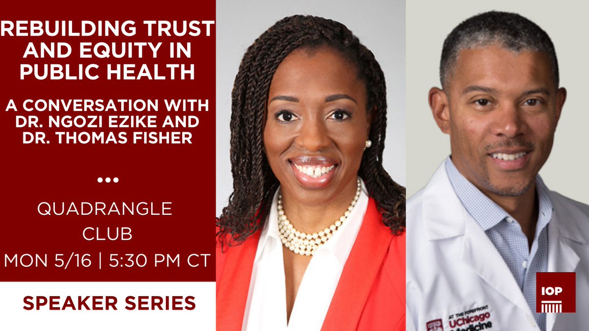 Public trust in our health institutions has been eroded by crises, high costs &amp; inequities in treatment. <a href="/DocNgozi/">N. Ogbunamiri Ezike</a> &amp; <a href="/tfishermd/">Thomas Fisher</a> are on the front lines of the fight for health equity. Join them for a conversation on Monday, 5/16 at 5:30 pm. RSVP here: bit.ly/ioppublichealth
