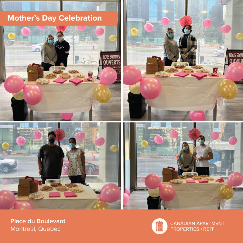 Caprent's tweet photo. The property team at Place du Boulevard in #Montreal, #Quebec beautifully decorated their lobby entrance and welcomed mothers in their #community to enjoy a sweet #MothersDay treat. #REITsforHousing #bestplacetolive #bestplacetoinvest #bestplacetowork #CAPStory #GoodNews https://t.co/XA5TKfZWUh