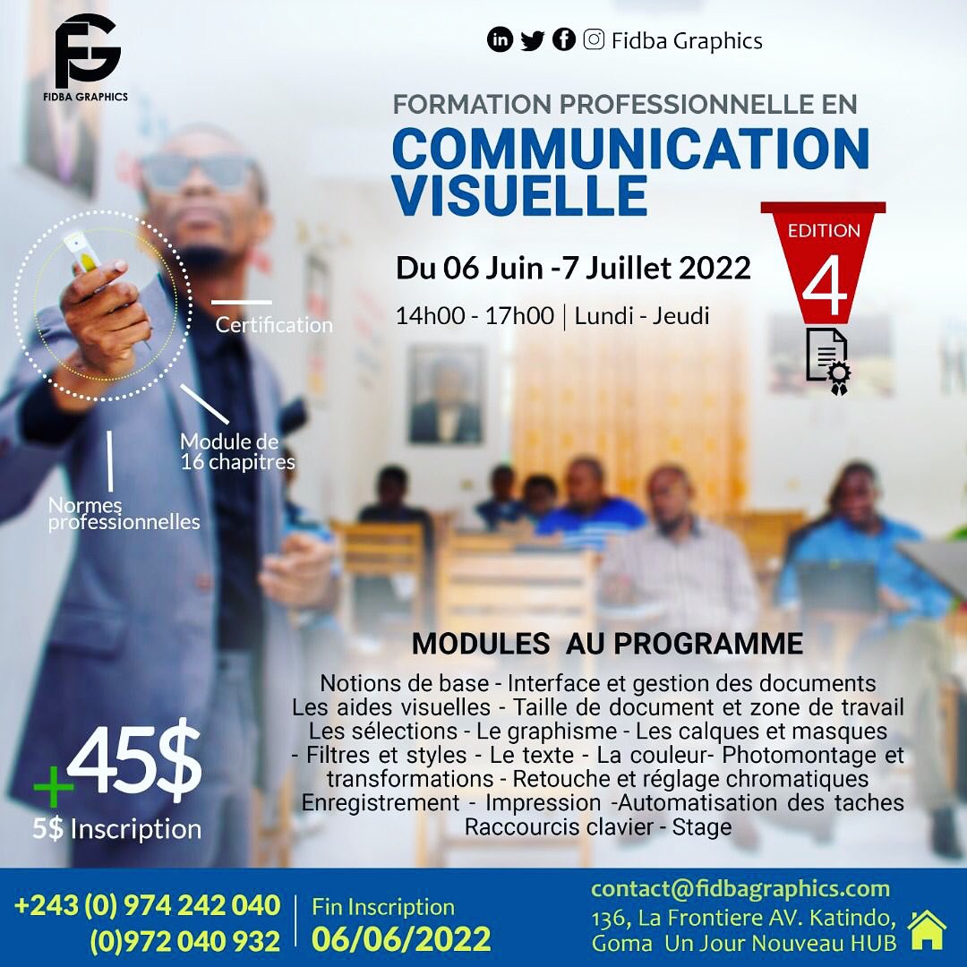 FidbaGraphics's tweet photo. Êtes-vous intéressés par la formation en communication visuelle organisée par #FidbaGraphics? 

Merci de  réserver votre place en complétant ce formulaire en ligne via ce lien  👇🏿👇🏿 https://t.co/PzgLmoUPEO https://t.co/sVo7DIc3k7