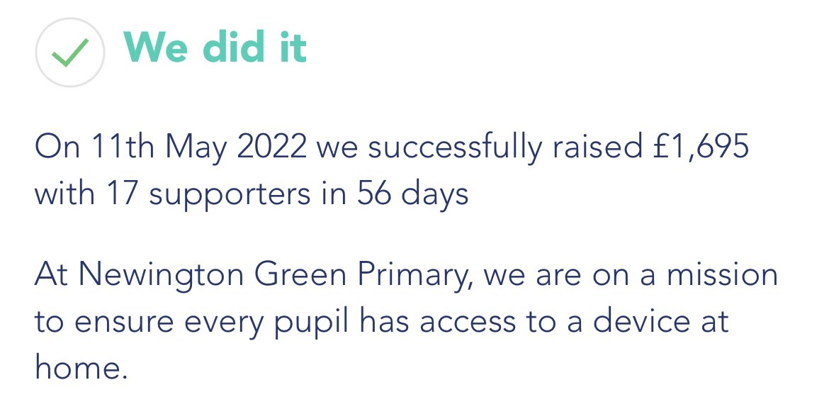 Thank you to every person that helped us with our ‘Devices for All’ mission. With your generous donations we have been able to raise £1695 to help us provide devices for our pupils ❤️ <a href="/RocketFundUK/">Rocketfund</a>