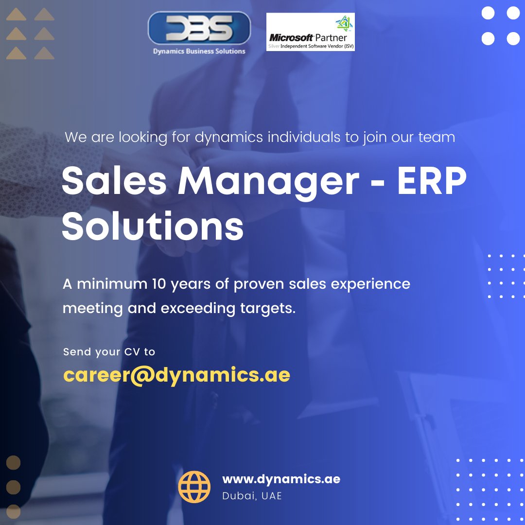 DynamicsBusine2's tweet image. We are looking for a dynamics Sales Manager - ERP Solutions. A minimum 10 years of proven sales experience meeting and exceeding targets.

#job #ERPJob #SalesManager #SalesManagerJob #Career #UAE #Dubai 

linkedin.com/jobs/view/3063…