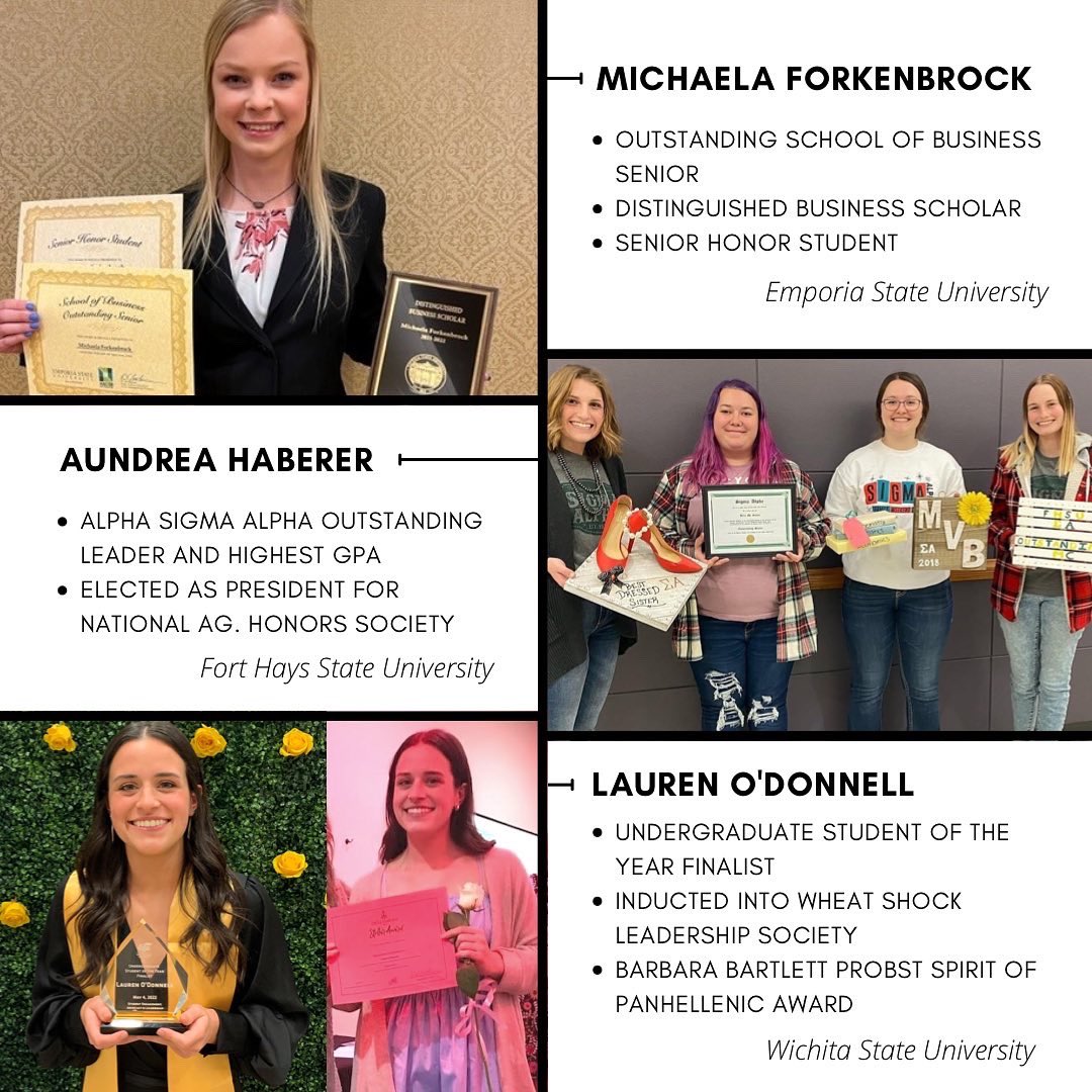RuddFoundation's tweet photo. Celebrating our scholars is what we love doing most! Congrats to these scholars on their awards and accomplishments this year! We are beyond #ruddproud of you!
#tuddscholars #ruddproud #ruddscholarfamily #awards #leadership #invovlement #wichitastate #forthaysstate #emporiastate https://t.co/eWL0kgSLvO