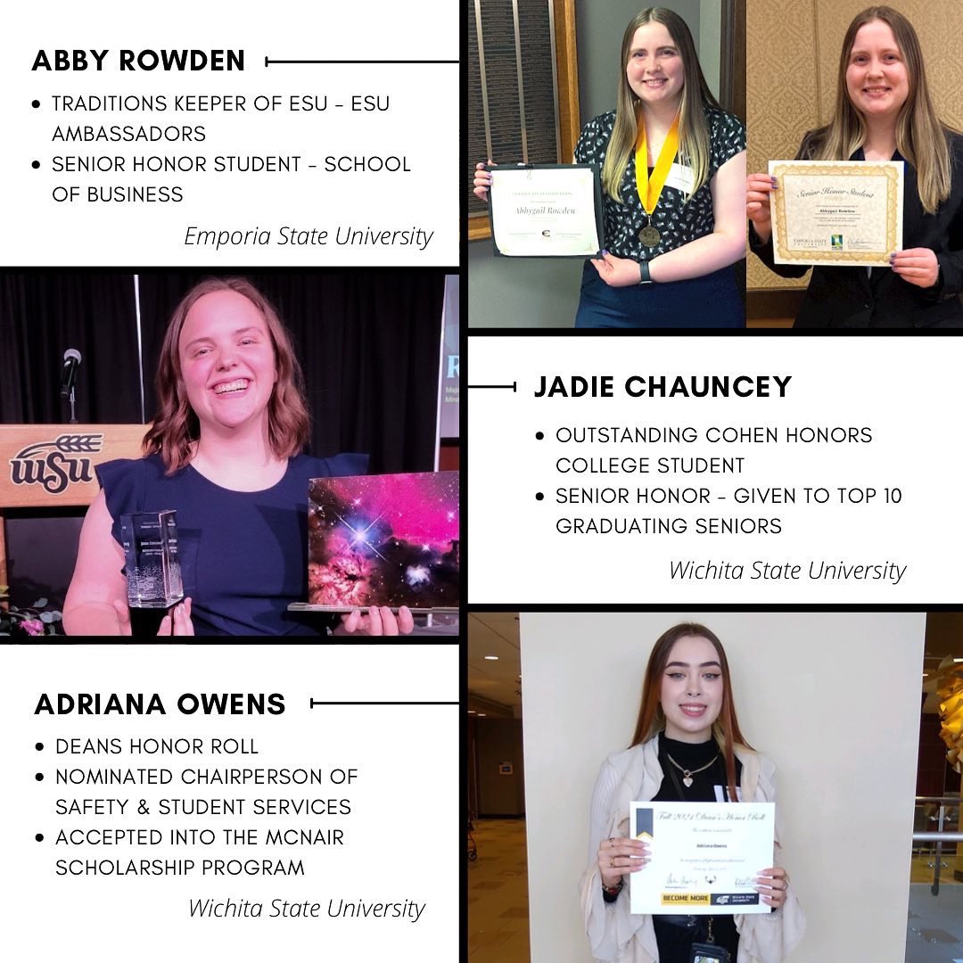 RuddFoundation's tweet photo. Celebrating our scholars is what we love doing most! Congrats to these scholars on their awards and accomplishments this year! We are beyond #ruddproud of you!
#tuddscholars #ruddproud #ruddscholarfamily #awards #leadership #invovlement #wichitastate #forthaysstate #emporiastate https://t.co/eWL0kgSLvO