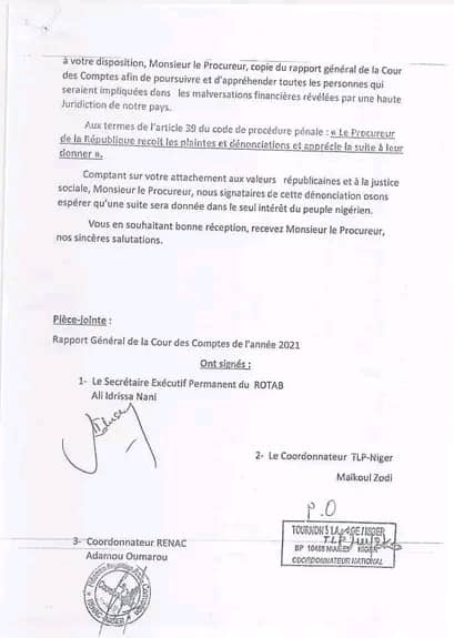 IdiElhadji's tweet photo. #Niger, un collectif des #OSC composé du #ROTAB, de #TLP_NIGER, et du #RENAC a saisi, ce matin, le Procureur de la République près le #TGI/HC/NY d'une plainte pour dénoncer les infractions découlant du #RGP2021 de la #Cour des comptes, Excellence M. le PRN @mohamedbazoum. https://t.co/jA6ir0Uy14