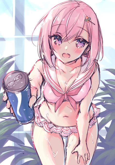 プールデート中 無邪気にジュースを差し出すも無防備な谷間を見せつけてしまうマリィちゃん 