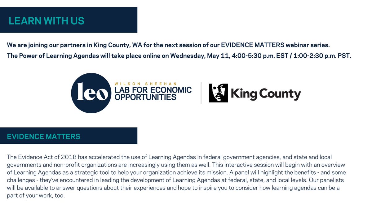 #EvidenceMatters webinar on The Power of #LearningAgendas is today. Register at bit.ly/3kYxJdh! <a href="/KingCountyWA/">King County, Washington</a> <a href="/JPAL_NA/">J-PAL North America</a> @OMBPress <a href="/HUDgov/">Department of Housing and Urban Development</a> <a href="/urbaninstitute/">Urban Institute</a> <a href="/BestStartsKC/">Best Starts For Kids</a>