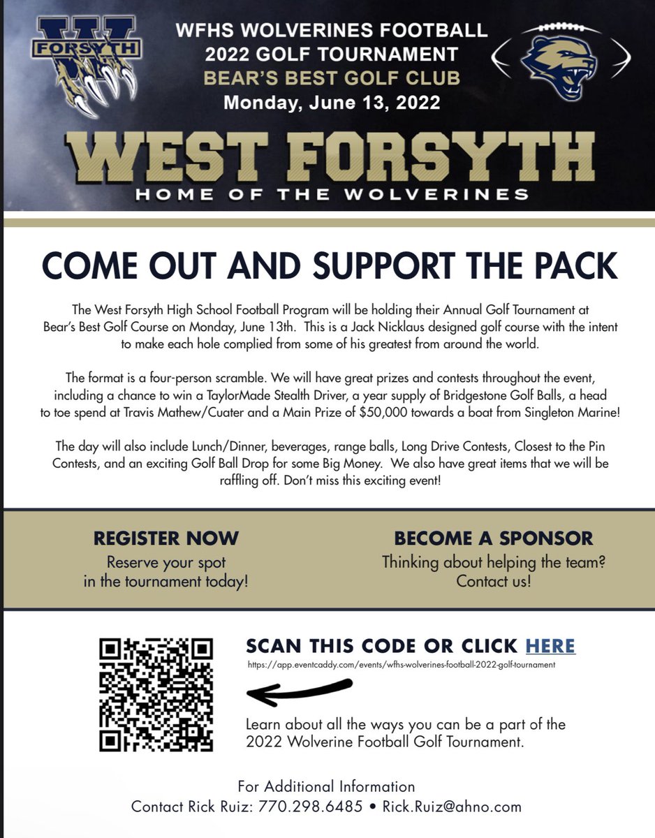 WestForsythFootball (@westforsythfb) on Twitter photo We are excited about this yearโs 2nd Annual west Forsyth Football Golf Outing on June 13th <a href="/bearsbestatl/">Bear's Best Atlanta</a>
We had such a great turn out and awesome time last year, it will fill up fast.
Any questions about the tournament, call or email Rick Ruiz 770-298-6485 rick.ruiz@ahno.com We are excited about this yearโs 2nd Annual west Forsyth Football Golf Outing on June 13th <a href="/bearsbestatl/">Bear's Best Atlanta</a>
We had such a great turn out and awesome time last year, it will fill up fast.
Any questions about the tournament, call or email Rick Ruiz 770-298-6485 rick.ruiz@ahno.com