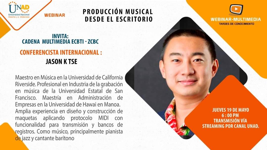 😎Cordialmente invitados el próximo 19 de mayo (6pm) al Webinar ¨Producción musical desde el escritorio¨💻🎙  con el Productor musical internacional Jason K Tse de Hong Kong.

Transmisión a través de TV Unad Virtual👉 youtube.com/c/universidadu…
