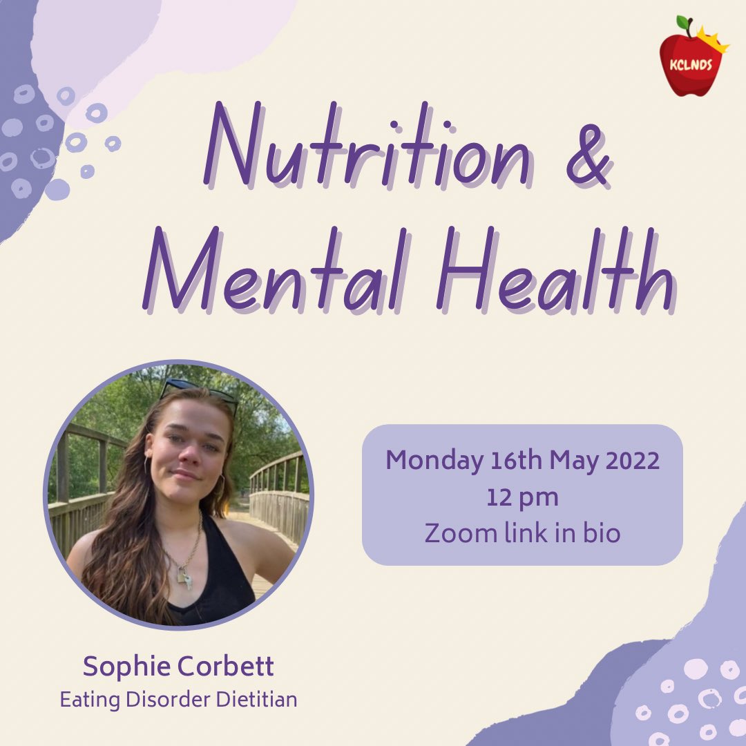KCL Nutrition & Dietetic Society (@kclnutritionsoc) on Twitter photo Talk + Q&A on Nutrition and Mental Health by <a href="/RD_SophieC/">Sophie Corbett</a>
🗓 Monday 16th May 2022
⏰ 12 pm
📍 Zoom (link below)
linktr.ee/KCLNDS Talk + Q&A on Nutrition and Mental Health by <a href="/RD_SophieC/">Sophie Corbett</a>
🗓 Monday 16th May 2022
⏰ 12 pm
📍 Zoom (link below)
linktr.ee/KCLNDS