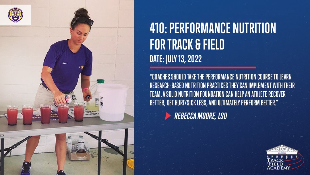 "Coaches learn research-based nutrition practices they can implement with their team. A solid nutrition foundation can help an athlete recover better, get hurt/sick less, and ultimately perform better." ~ Rebecca Moore, <a href="/LSUTrackField/">LSU Track & Field</a>

web2.ustfccca.org/tfa/