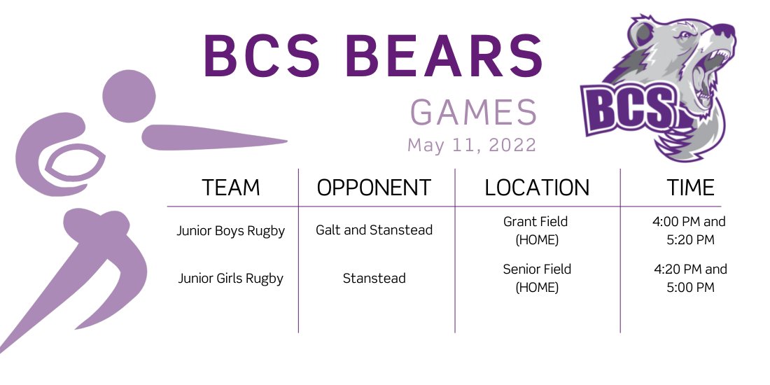 Come help us cheer on our Junior Rugby teams today competing against Galt and Stanstead! 🔥🏉 #BCS1836Bears