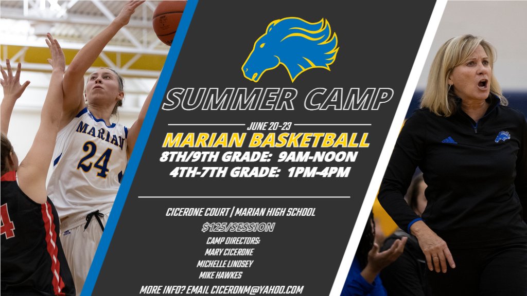 marianathletics's tweet photo. Want to learn from a legend? Then the @Marian_High Championship Basketball Camp is for YOU! Hall of Famer @marycicerone will lead her final camp with new head coach @mllindsey21 June 20-23. Go to: https://t.co/8rXuALRebR #MarianStrong https://t.co/UUfmmclEM0