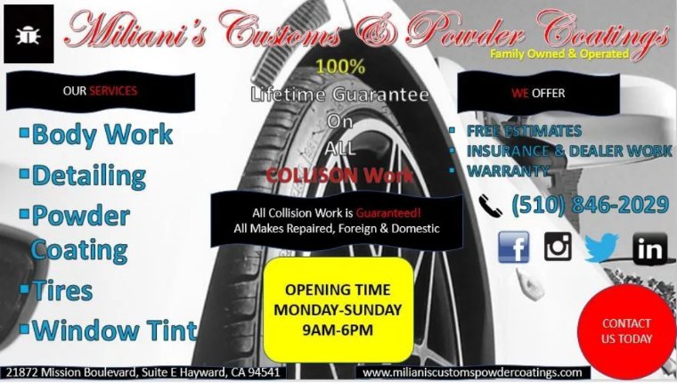 MilianisCustoms's tweet photo. 🚨We are open!🚨

🚶🏿‍♂️🚶‍♀️🚶🏿Come by 21872 Mission Boulevard, Suite E Hayward CA 94578.🚶🚶🏿‍♀️🚶‍♂️

📱Or call (510) 846-2029📱 https://t.co/XkvH10QSxN