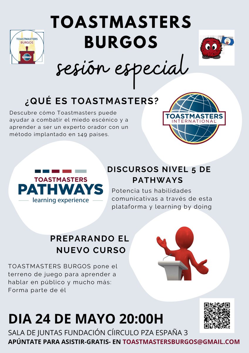 ToastmastersBu's tweet photo. Lo sé, quieres ser speaker, has hecho millones de cursos y sigues igual. Claro: no practicas y se te olvida.
El 24/05 haremos sesión especial para dar a conocer Toastmasters Burgos; un club donde charlar y practicar es cosa del día a día.
¿Te apuntas? toastmastersburgos@gmail.com https://t.co/gkuTnYbwgW