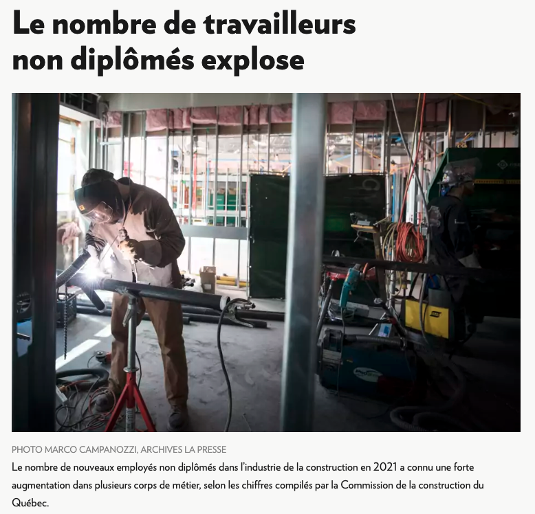 FTQConstruction's tweet photo. On a un problème de main-d'oeuvre dans la construction, mais aussi un problème de rétention: Après 5 ans, 35 % des non-diplômés quittent l’industrie, contre 24 % des diplômés. #constructionQc #syndQc #construction #polQc
https://t.co/YFttTYdwcd https://t.co/x7njcATABJ
