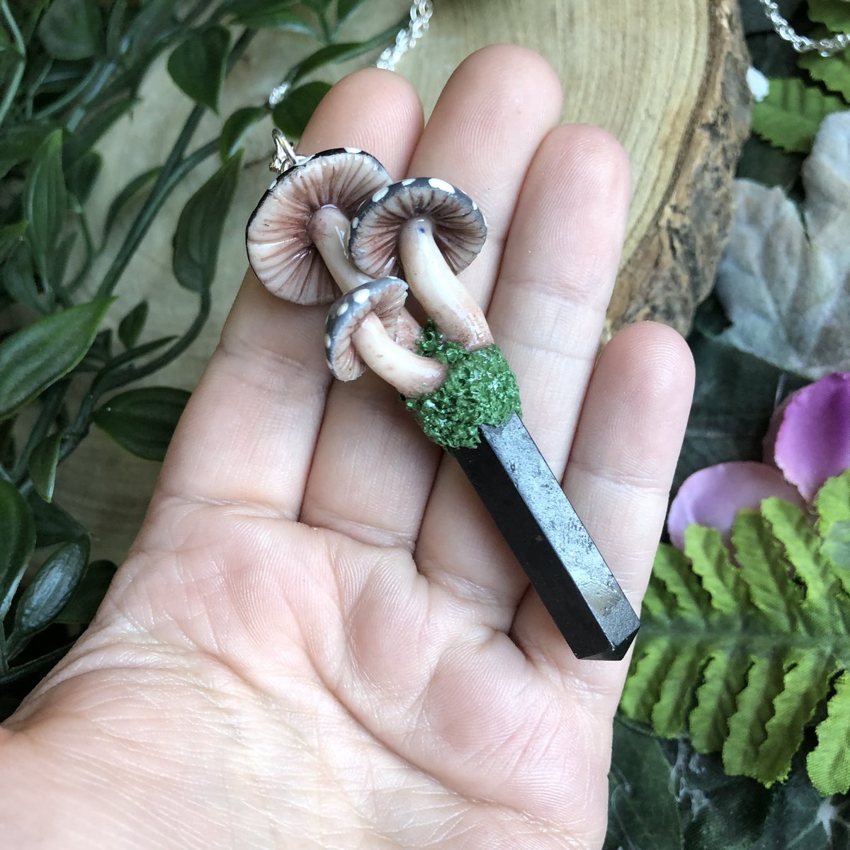 GraceEveArt's tweet image. I love this black tourmaline mushroom pendant I sculpted. It has grey &amp;amp; black caps🖤✨